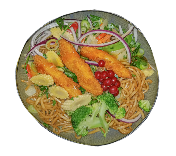 Nouilles aux aiguillettes de poulet pané